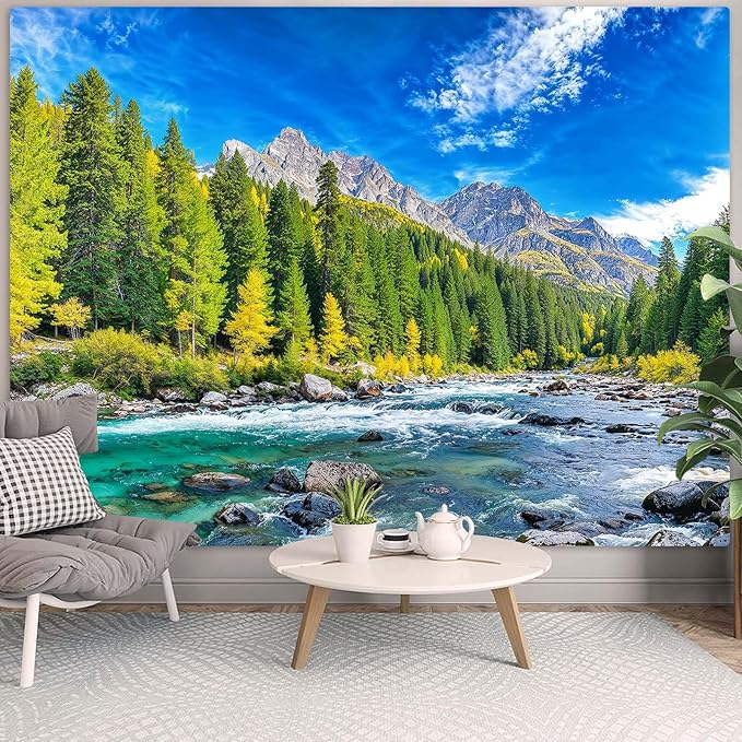 Accnicc Nature Forest Mountain Tapestry Green Pine Tree Wall Tapestry for Bedroom Aesthetic Woods Flowing River Landscape Large Tapestries Wall Hanging for Dorm Living Room Decor 80 x 60 Inch