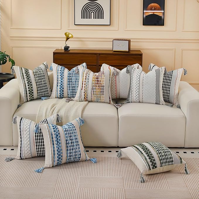 Set of 2 Boho Pillow Covers with Tassels Sky Blue 18x18 Inch Farmhouse Decorative Chenille Tufted Striped Throw Pillow Covers Neutral Accent Square Textured Pillowcase for Couch Bed Livingroom