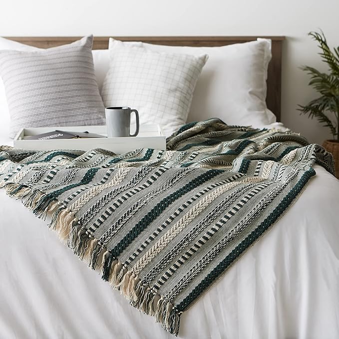 DII Braided Striped Decorative Throw Blanket, 50x60, Dark Green