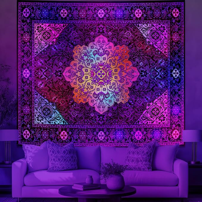 Apdidl Blacklight Boho Mandala Hippie Wall Tapestry for Bedroom, Glow in The Dark Neon Indian Bohemian Floral Tapestries Blanket Art Decor, UV Reactive Purple Wall Hanging for Living Room Dorm 51" X 60"