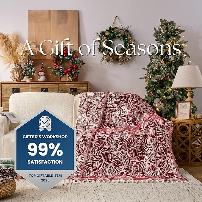DOWN HOME Chenille Cotton Throw Blanket for Couch, Lightweight Boho Blanket for Bed Sofa Chair Living Room Outdoor Soft Woven Decorative Blanket with Tassel Gift Red Leaves 55"x60"