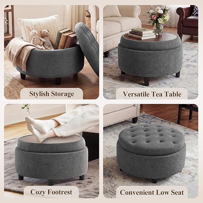 COLAMY Fabric Round Storage Ottoman with Reversible Tray Lid – Multi-Functional Footrest, Hidden Storage, Sturdy & Stylish Small Coffee Table for Living Room, Bedroom, or Entryway(Dark Grey)