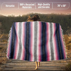 Hydration Nation Authentic Large Handwoven Mexican Blanket - Soft Yoga- Durable Serape- Lightweight Falsa, Beach, Camping, Picnic, Outdoor Blanket 70"x50" - Rose Pastel