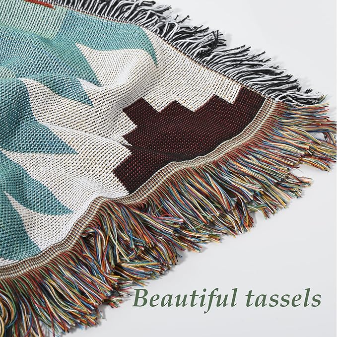 Snycler Boho Throw Blanket for Bed 50 * 60inch Woven Blanket Cotton Polyester Farmhouse Decor for Indoor Outdoor Sofa Bedroom Garden，All Season(Green)