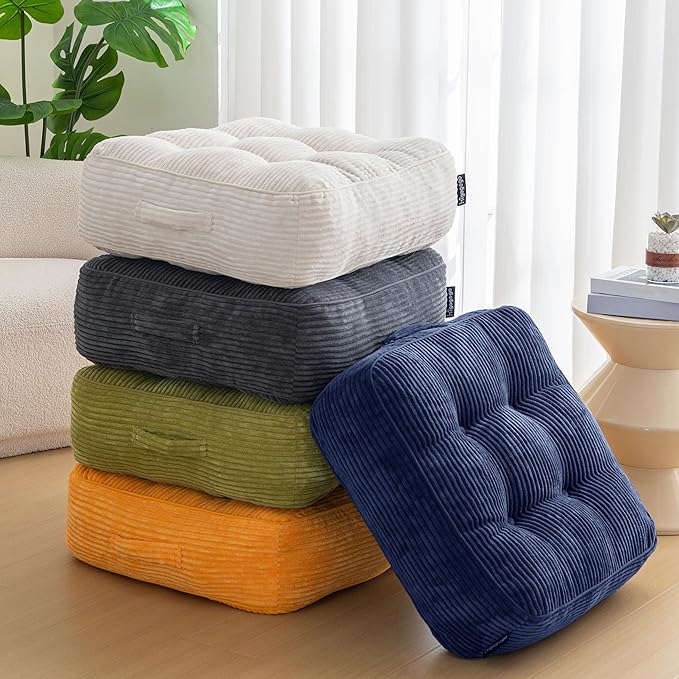 HIGOGOGO 8" Extra Thick Floor Pillow Cushion for Adults, Meditation Cushion Pillow, Large Square Floor Sitting, Tufted Corduroy Cover, for Tatami Living Room or Yoga, 22x22 Inch, 2Pack, Navy