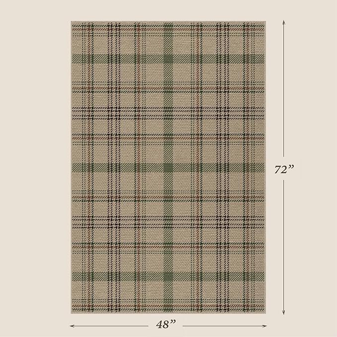4x6 Easy Jute Large Entryway Rug - Washable Plaid Rug for Small Living Room, Non Slip Farmhouse Decor for Bedroom Bedside, Kitchen, Patio, Porch, Large Foyer Beige & Sage Striped