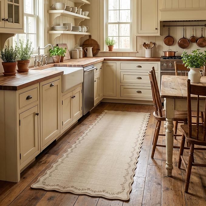 GarveeHome 2.5x8 Scalloped Washable Runner Rug for Kitchen, Soft Jute Long Hallway Runner Non Slip Entryway Rug Farmhouse Thin Laundry Mat Stain Resistant Carpet for Bathroom Beside Rug