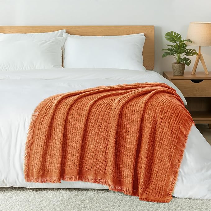 Exclusivo Mezcla Twin Size Knit Blanket with Fringes for Bed, Reversible Super Soft and Warm Woven Boho Throw for All Season, Home Decor, 60"x80", Burnt Orange