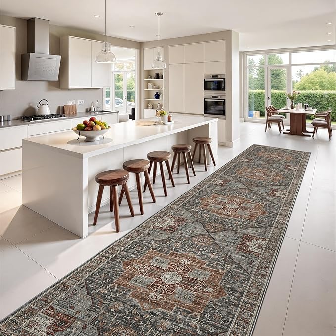 Washable Runner Rug 2.6x10 Runners for Hallways, Ultra-Thin Carpet Runners for Entryway Anti Slip Backing Runner Rugs for Kitchen Laundry Room Indoor Hallway (Grey/Brown/Tan)