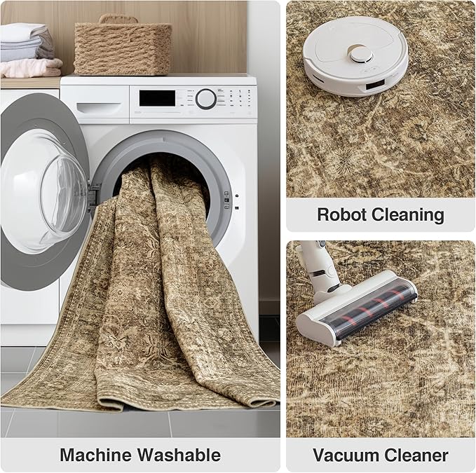 FMFUNCTEX 6ft Round Washable Area Rug Brown Vintage Neutral Distressed Non Slip Carpet for Living Room Bedroom Soft Low Pile Indoor Mat Retro Floral Throw Rug for Dining Room Office Nursery Entry