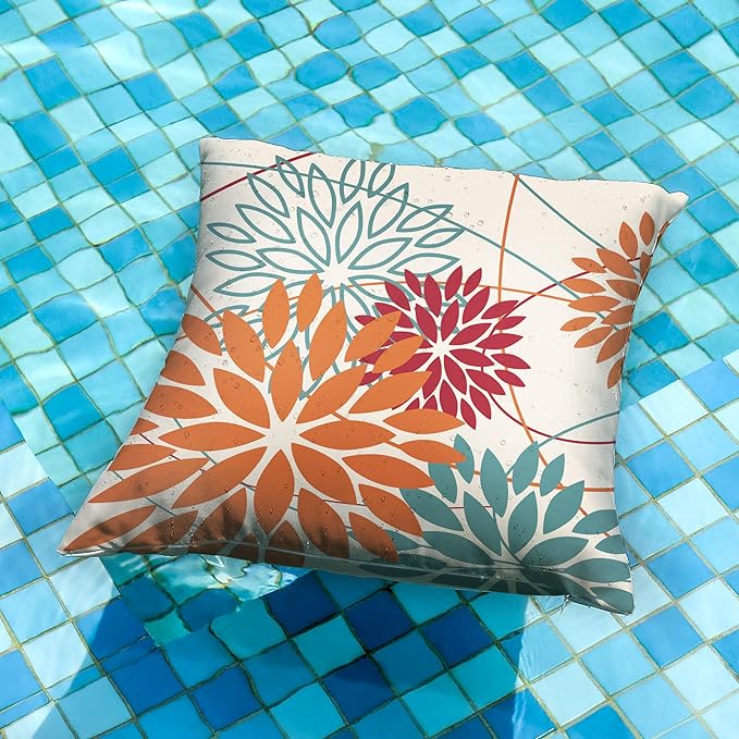 Orange and Red Floral Pillow Covers 20x20 Set of 2 Outdoor Waterproof Decorative Throw Pillows Fall Pillow Covers Polyester Cushion Case Decor for Couch Patio Funiture Garden Porch 01W20