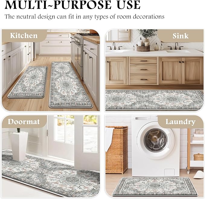 Boho Kitchen Mats for Floor 2 Piece Set Anti Fatigue Cushioned PVC Kitchen Rugs Non Slip Waterproof Farmhouse Mats 2/5 Inch Comfort Standing Mat for Sink, Laundry, 17.3"x47"+17.3"x28", Beige Grey