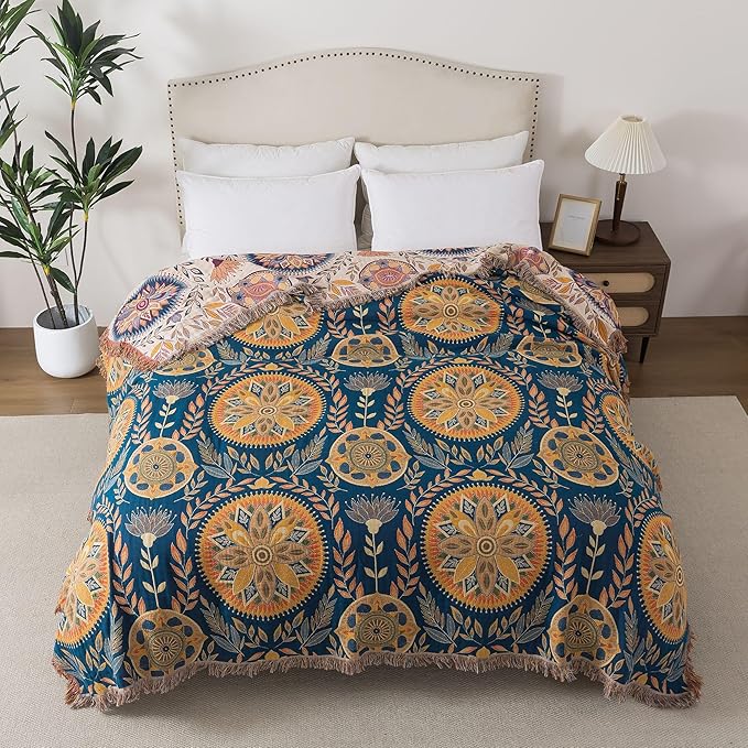 Boho Throw Blanket Full Size, Soft Cozy Cotton Muslin Quilt Blanket for Bed Decor, Floral Patterned Couch Sofa Chair Cover, Vintage Farmhouse Cottage Tapestry Woven Blanket, Beige&Blue
