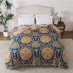 Boho Throw Blanket Full Size, Soft Cozy Cotton Muslin Quilt Blanket for Bed Decor, Floral Patterned Couch Sofa Chair Cover, Vintage Farmhouse Cottage Tapestry Woven Blanket, Beige&Blue