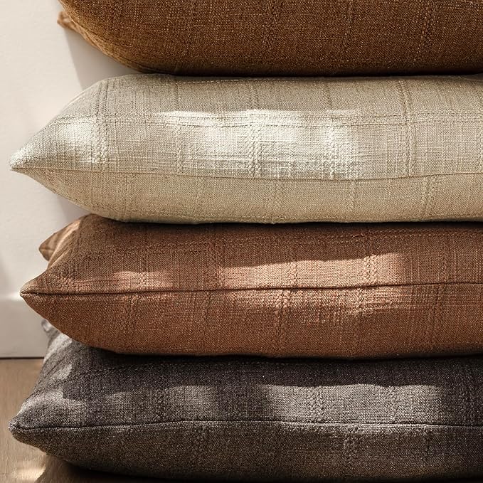 Foindtower Set of 2 Decorative Linen Check Throw Pillow Covers Neutral Farmhouse Vintage Cushion Covers Modern Boho Home Decor for Sofa Chair Couch Bedroom Living Room,18×18 Inch,Autumnal Red