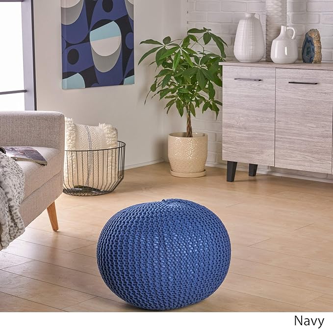 Christopher Knight Home Belle Knitted Cotton Pouf, Navy