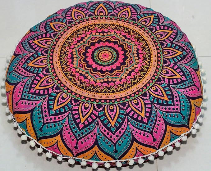 Round Mandala Floor Pillow Cover Seating Cushion Throw Cover Ottoman Pouf Cover Pom Pom Pillow Cases Hippie Decorative Bohemian Boho Indian 22 Inches (New Pink)