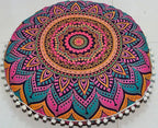 Round Mandala Floor Pillow Cover Seating Cushion Throw Cover Ottoman Pouf Cover Pom Pom Pillow Cases Hippie Decorative Bohemian Boho Indian 22 Inches (New Pink)