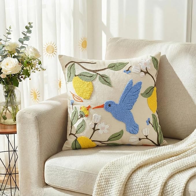 AVOIN colorlife Floral Lemon Hummingbird Embroidered Throw Pillow Cover, 18 x 18 Inch Holiday Flowers Spring Summer Decorative Tufted Patterned Linen Cushion Case for Sofa Couch