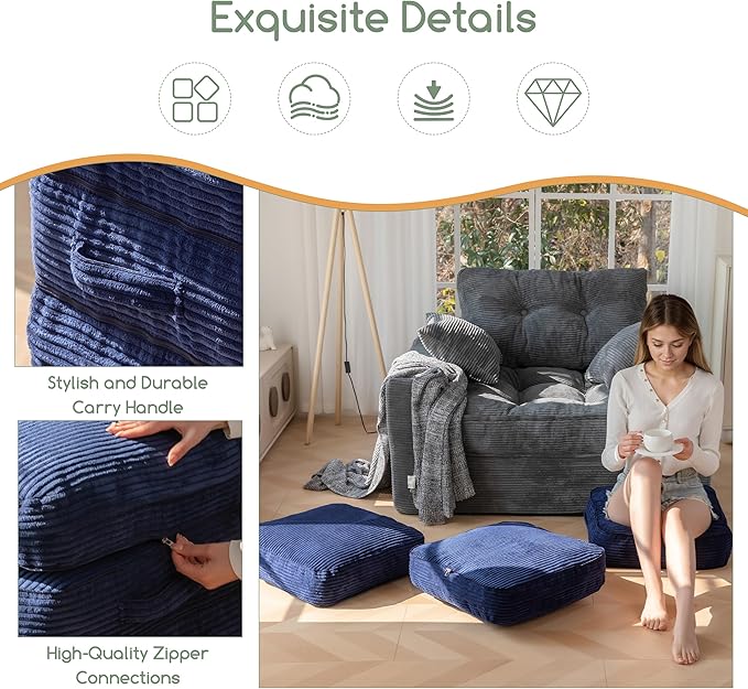 HIGOGOGO Pouf Ottoman Stuffed Square Modern Foam Filled Foot Rest Poufs 20 X 18 Inches Modular Ottomans Separated Into Floor Cushions for Living Room Chair Decorative Stool, Navy