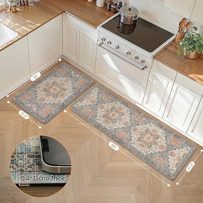 GENIMO Kitchen Mats for Floor 2PCs, Washable Anti Fatigue Mat for Cushioned, 17.3"x59"+17.3"x30", Waterproof Kitchen Rugs, Non Slip Comfort Standing Mat Rug for Home, Sink, Laundry, Blue&Salmon