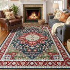 YJ.GWL Area Rugs for Living Room 5x7 Machine Washable Rugs, Non Slip Floral Vintage Rug Indoor Carpet, Stain Resistant Large Rug for Bedroom Dining Room, Red Green