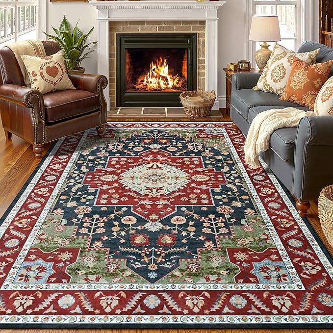 YJ.GWL Area Rugs for Living Room 5x7 Machine Washable Rugs, Non Slip Floral Vintage Rug Indoor Carpet, Stain Resistant Large Rug for Bedroom Dining Room, Red Green