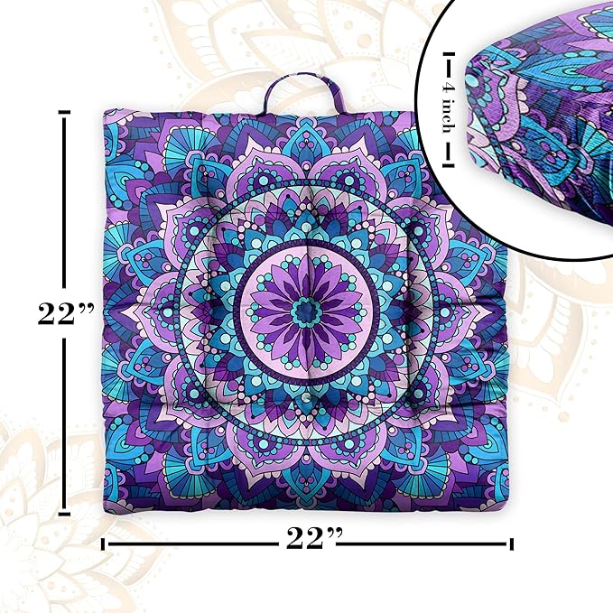 Mandala Meditation Cushion, Boho Meditation Mat, Meditation Pillows for Sitting on Floor, Cushions for Sitting in Home and Outdoor, Square Floor Pillow Cushion Seating for Yoga Accessories 22'' X 22''