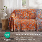 Boho Throw Blanket for Couch Sofa Bed, 100% Cotton Woven Quilt with Tassel 80”x90”, Super Soft Muslin Blanket with Floral Printed, Decorative Reversible Bed Blanket/Cover for All Seasons