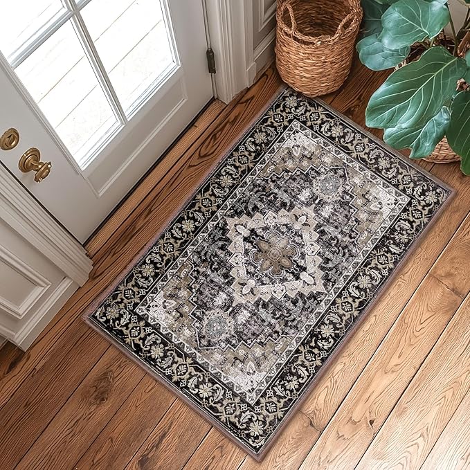 Lessymo 2 x 3 Entryway Rug, Machine Washable Area Rugs Boho Faux Wool Low Pile Area Rug for Bedroom, Floral Medallion Vintage Outdoor Rugs with Non-Slip Rubber,Black Brown
