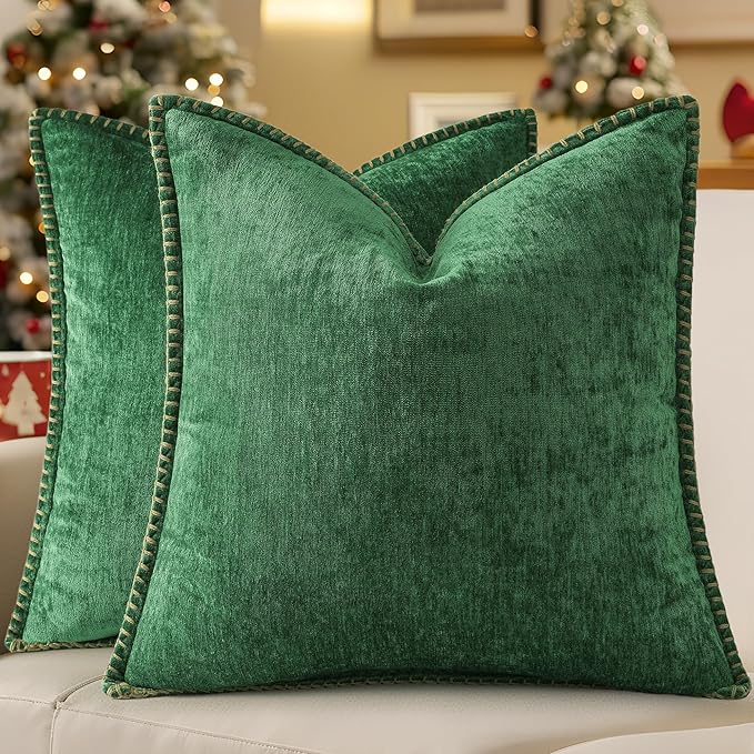 decorUhome Chenille Soft Cozy Throw Pillow Covers 22x22 Set of 2, Modern Farmhouse Boho Velvet Decorative Euro Sham Pillow Cases with Stitched Edge for Couch Sofa Bed Home Decor, Green