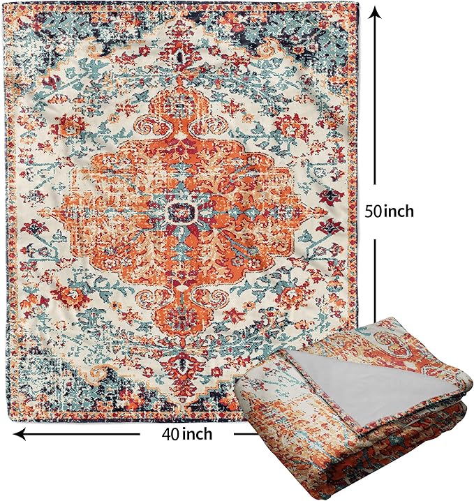 Orange Blue Boho Blanket Soft Flannel Lightweight Rust Teal Bohemian Throw Blanket Cozy Warm Vintage Aztec Carpet Blankets All Seasons Living Room Decor for Couch Chair Bed Sofa Office 40x50 inch