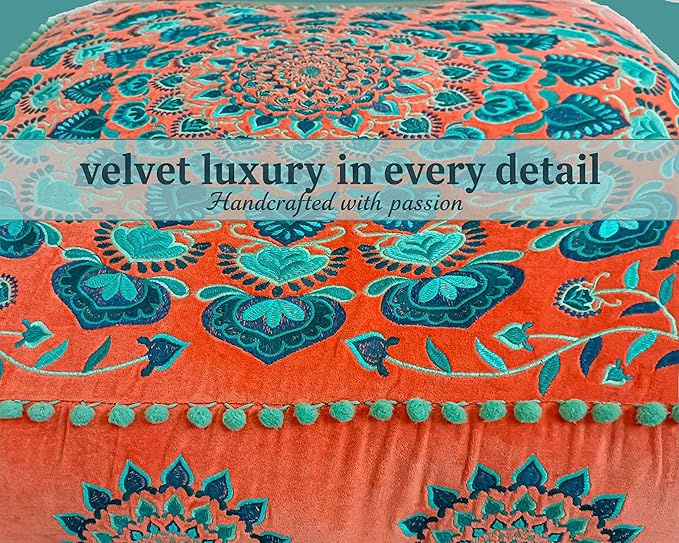 Mandala Life ART Orange Velvet Pouf Cover - Soft Sqare Floor Pillow - Embroidered Ottoman Slipcovern, 24x24x8 Inches, Ideal for Living Room, Bedroom, or Meditation Space - Boho Decor Cushion