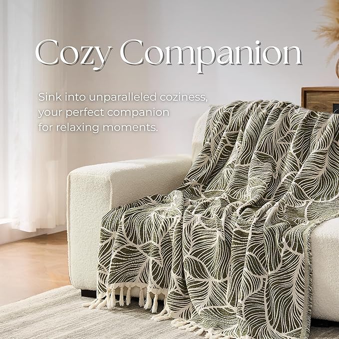 DOWN HOME Chenille Cotton Throw Blanket for Couch, Lightweight Boho Blanket for Bed Sofa Chair Living Room Outdoor Soft Woven Decorative Blanket with Tassel Gift Olive Leaves 60"x80"