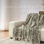 DOWN HOME Chenille Cotton Throw Blanket for Couch, Lightweight Boho Blanket for Bed Sofa Chair Living Room Outdoor Soft Woven Decorative Blanket with Tassel Gift Olive Leaves 60"x80"