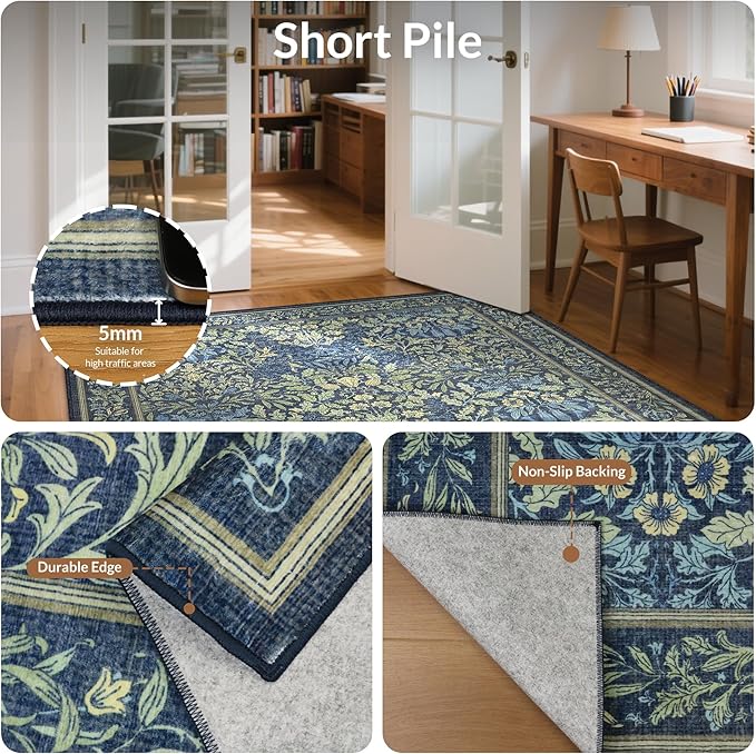GENIMO Floral Washable Runner Rug 2’6”x10’, Non-Slip Long Hallway Carpet for Entryway, Kitchen, Indoor Floor Use, Vintage Boho Soft Thin Rug Décor, Dark Blue
