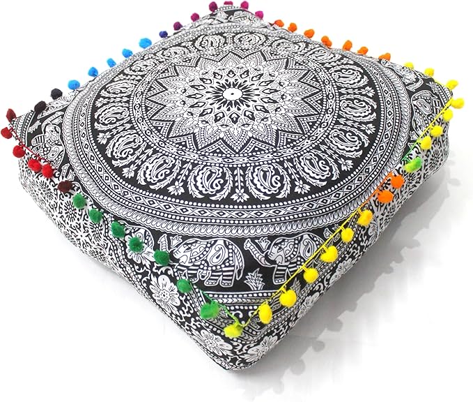 CRAFT KALA Black Elephant Flower Large Hippie Mandala Meditation Floor Ottoman Pillow Cushion Pouf Cover Square Poufs Bohemian Floor Cushion Case Outdoor Fireplace Living Room Decor Cover 16" Square