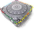 CRAFT KALA Black Elephant Flower Large Hippie Mandala Meditation Floor Ottoman Pillow Cushion Pouf Cover Square Poufs Bohemian Floor Cushion Case Outdoor Fireplace Living Room Decor Cover 16" Square