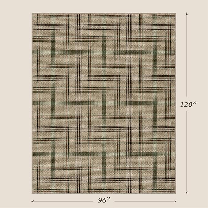 JTJ Plaid Easy Jute Rug 8x10 for Living Room - Green Striped Outdoor Indoor Rug for Dining Room Under Table, Bedroom Under Bed, Non Slip Farmhouse Tartan Aesthetic, Washable Sage Nature Color Decor