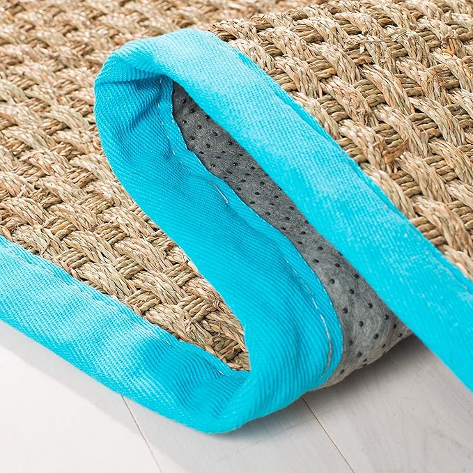 SAFAVIEH Area Rug 6x9 - Natural Fiber Collection - Natural & Turquoise, Seagrass, Basketweave Pattern with Border (NF114S)