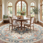 8ft Round Rug, Area Rugs 8ft, Washable Rug, Non-Slip, Rugs for Living Room for Bedroom, Circle , Vintage Rugs Boho Floral Medallion, Low Pile, Soft, Beige Dark Blue Navy Red