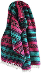 Del Mex Classic Mexican Blanket, Large Authentic Woven Falsa Throw (70"x50"), Artisan Southwest Décor for Beach, Yoga, Outdoors (Pink/Purple/Mint)