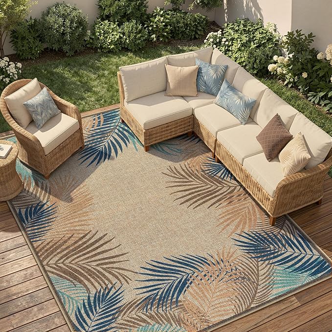 LIVEBOX Modern Easy Jute Outdoor Rug 8x10, Washable Rugs for Living Room Indoor Outdoor Non Slip Large Patio Tropical Leaf Farmhouse Area Rugs, Carpet for Backyard Office Decor(Olive 8'x10')