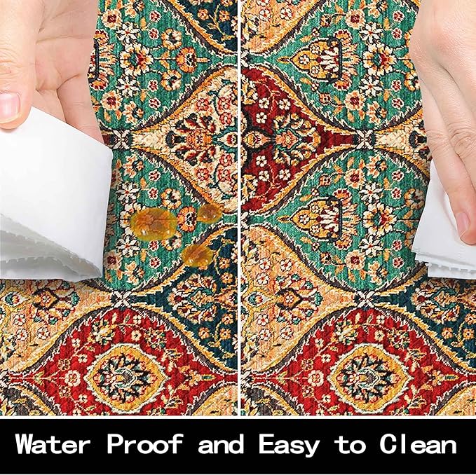 Moroccan Kitchen Rug Mats for Floor Cushioned Anti Fatigue Boho Vintage Kitchen Rugs Sets of 2 Red Yellow Non Slip Waterproof Comfort Memory Foam Standing Floor Mat for Laundry Sink Desk