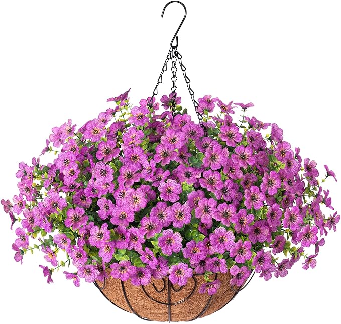 HyeFlora Artificial Fake Hanging Plants Flowers Basket for Outdoor Outside Porch Spring Decoration, Faux Silk Purple Daisy Realistic UV Resistant in Planter for Home Patio Balcony Garden Yard