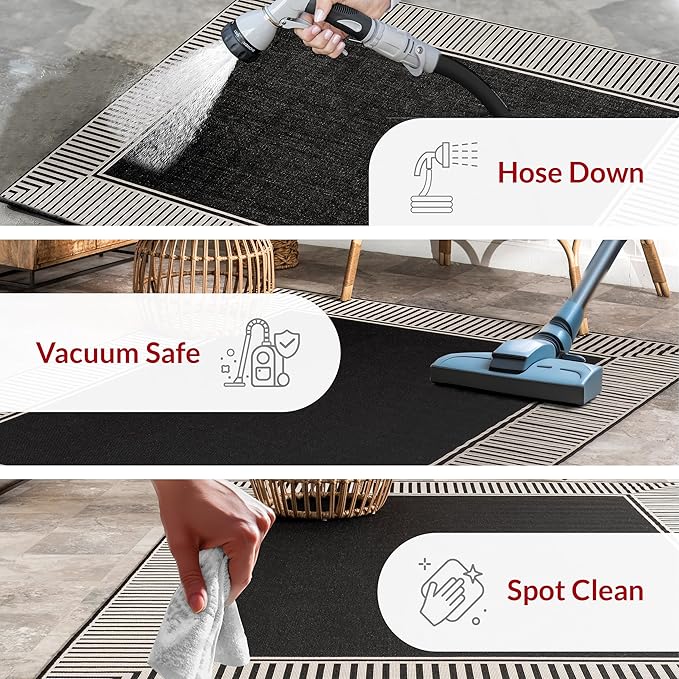 Nuloom Asha Black/Ivory, 6'7" x 9', Casual, Striped Border, Soft and Cozy, High Traffic, Stain Resistant, Easy Clean, Durable Area Rug for Indoor/Outdoor Patio, Deck, Porch, Garden, Courtyard