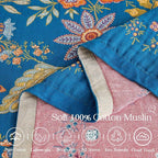 Fall Throw Blanket for Couch, Blue Boho Decorative Throw Blanket, 100% Cotton Muslin Breathable Woven Farmhouse Blankets Quilt, 90"x98" Reversible Lightweight Blankets Bohemian Throw Quilt