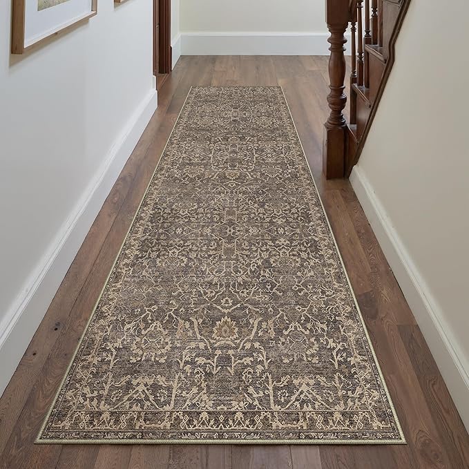 HUGEAR 2'6''x10 Runner Rug Machine Washable Retro Brown Hallway Area Rug Indoor Vintage Rug Floral Low Pile Carpet Soft Throw Rug Bedroom Living Room Office Dining Room Kitchen Laundry Room Non Slip