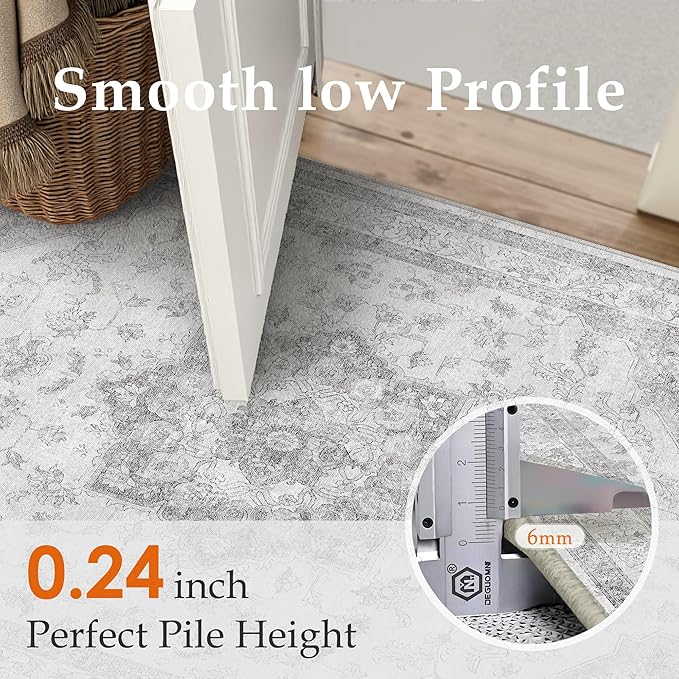 Grey Gray Runner Rug 2x8 Washable Vintage Long Carpet for Hallway Kitchen Soft Retro Low Pile Thin Indoor Runner Non Slip Oriental Medallion Throw Rug for Bathroom Bedroom Laundry Dining Room