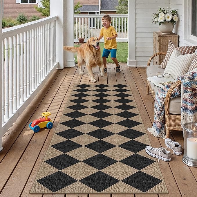 2x8 Checkered Easy Jute Runner Rug Non Slip Hallway Kitchen Washable Outdoor Rug for Entryway Indoor Checkerboard Black Long Indoor Outdoor Textured Diamond Carpet for Bedside Entry Porch